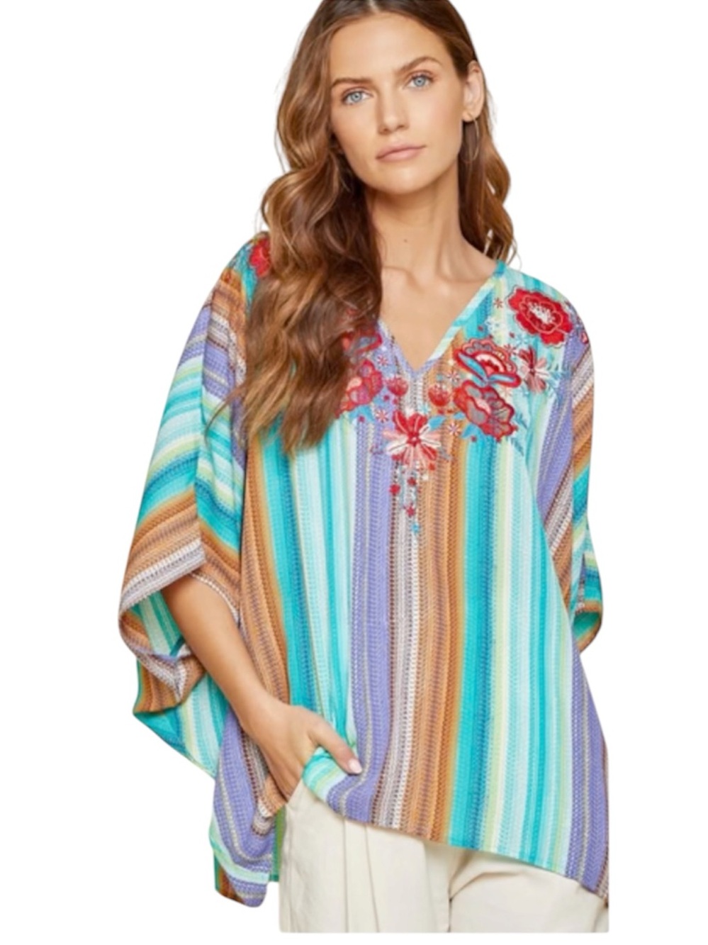 Savanna Jane Striped Embroidered Poncho Top Turquoise Purple Orange Red Sz Large